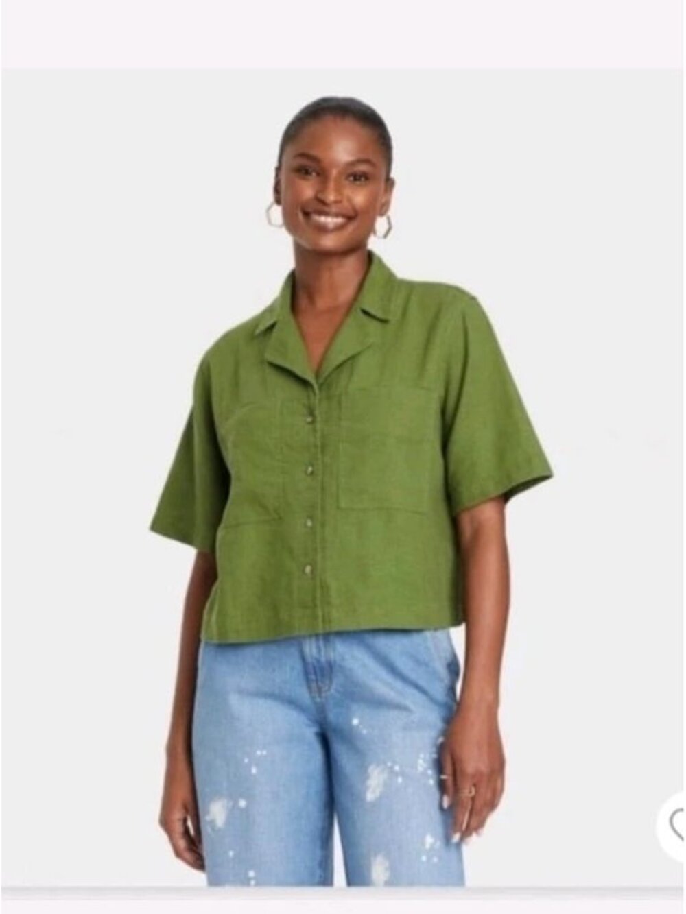 Universal Threads Short Sleeve Linen Blend 55% Button Up Army Green Sz XL